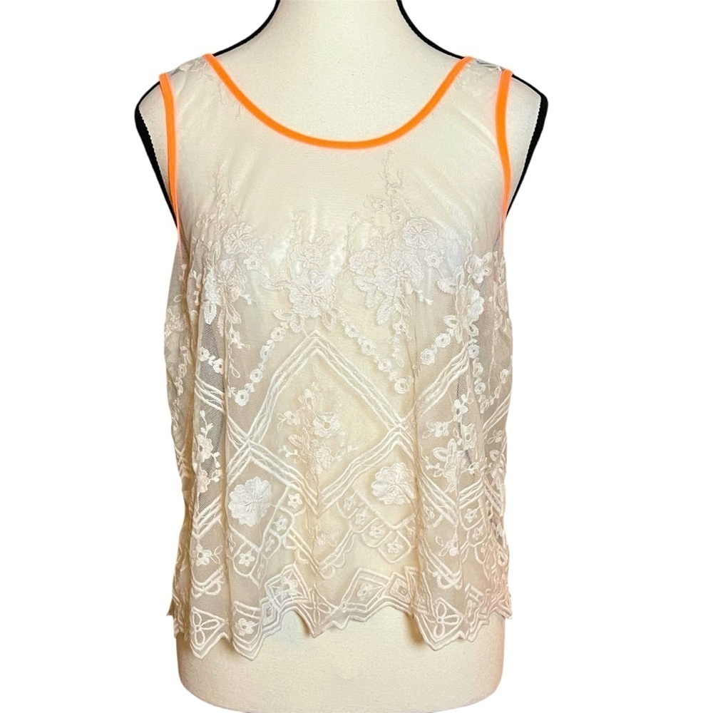 ASTR the Label Tank Top Womens Large Ivory Crochet Lace Neon Orange Trim Zip Up